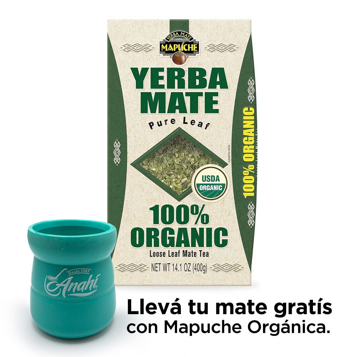 Mapuche 100% Organic Pure Leaf Yerba Mate Starter Kit – Includes Free Anahí Mate Cup (14.1 oz / 400g)