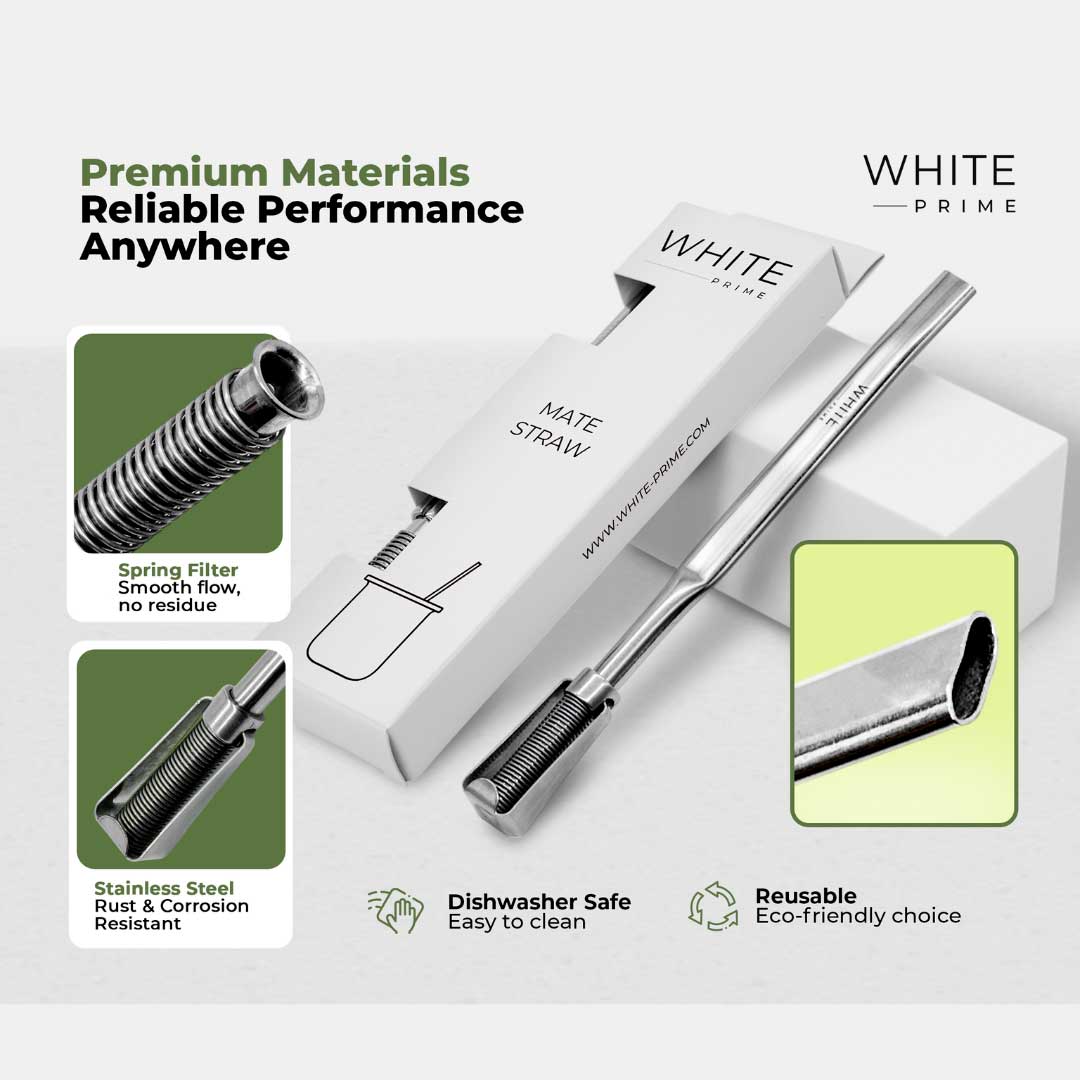 WHITE PRIME Premium Stainless Steel Mate Straw – Sleek Straight Bombilla with Spring Filter