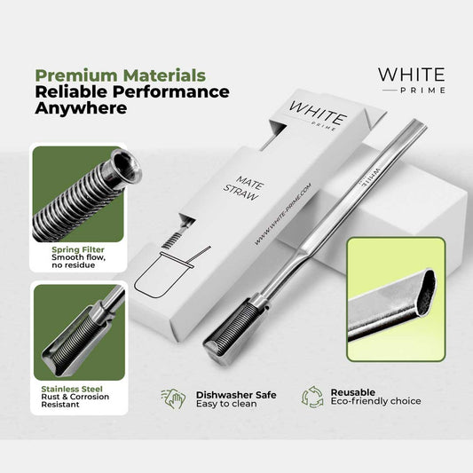 WHITE PRIME Premium Stainless Steel Mate Straw – Sleek Straight Bombilla with Spring Filter