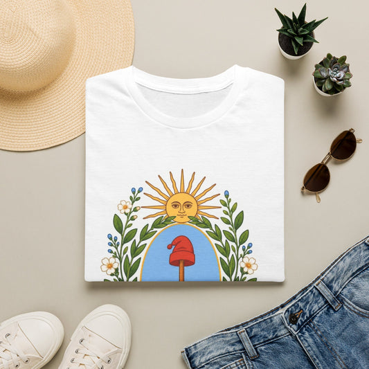 Sunrise Mushroom T-Shirt — Botanical Crest Design