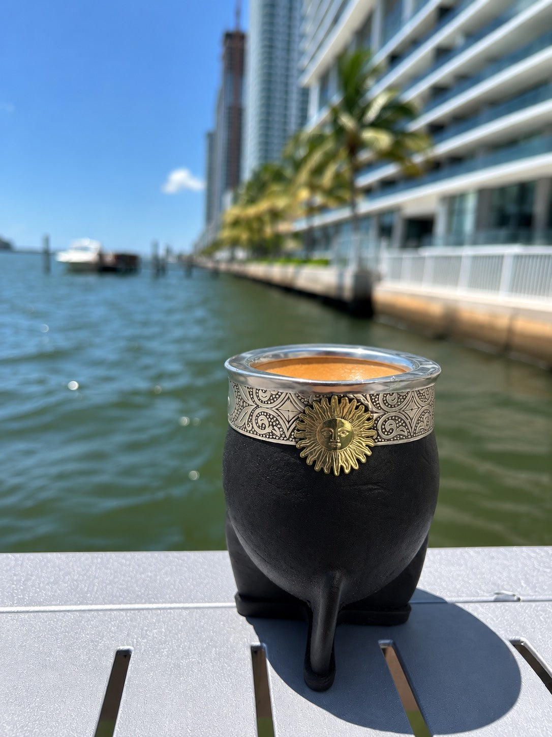 Mate Imperial Sun of May – Black Leather Gourd with Bronze Sol Argentino Charm