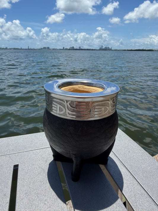 Mate Imperial – Black Leather Mate Gourd with Chiseled Steel Rim