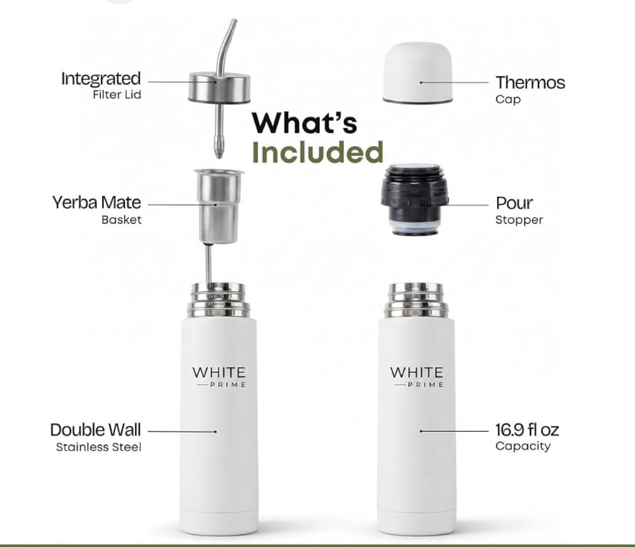 White Prime Mate Thermos – 2-in-1 Insulated Stainless Steel Flask