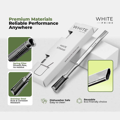 WHITE PRIME Premium Stainless Steel Mate Straw – Sleek Straight Bombilla with Spring Filter